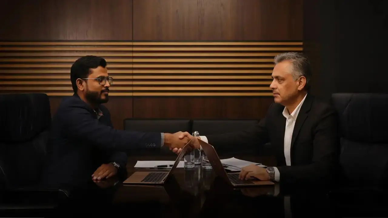 Emiracle advisors shaking hands with a client at Boulevard Plaza